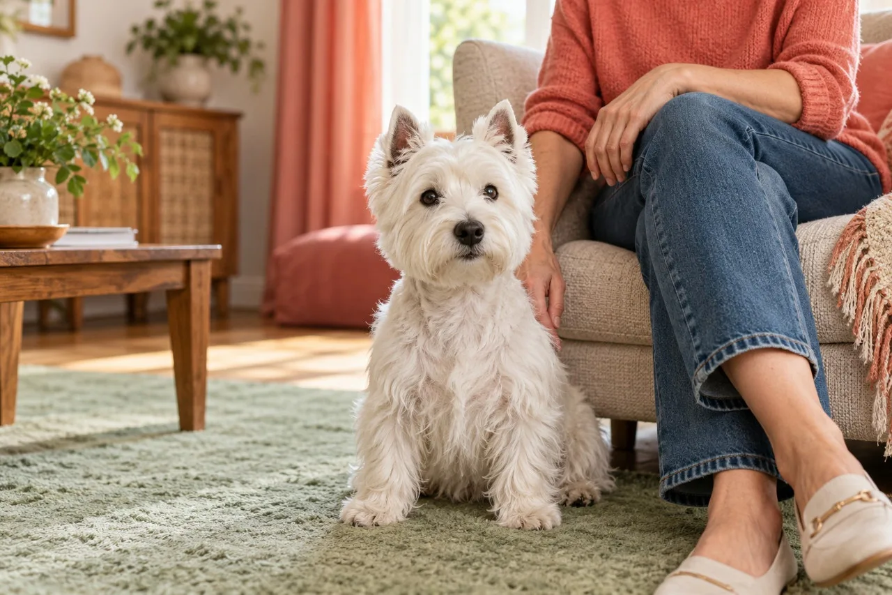 Small white dog sitting on a rug beside a seated owner